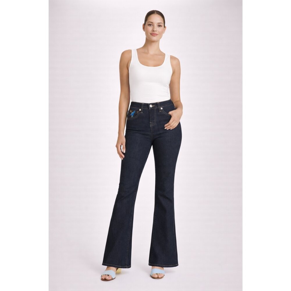 True Religion Joey Asymmetrical Seam Flare Jeans Dark Wash Blue Foil Accents
